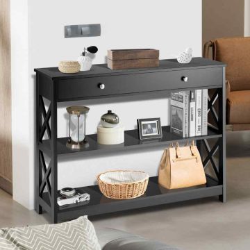 Three-tier console table with drawer and shelves, 99x30x79 cm, black