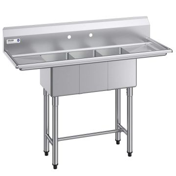 Three-compartment sink VEVOR JC-S3C101410-12LR-318, 2 drainers, 1372 × 508 × 1097 mm