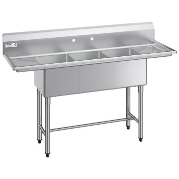 Three-compartment sink VEVOR JC-S3C141611-12LR-318, 3 compartments, 167.8 × 109.7 × 55.8 cm