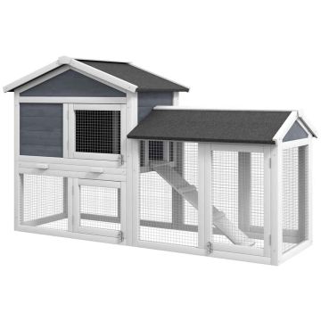 Rabbit cage with aviary, Grey/white, 147 × 54 × 84 cm