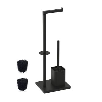 Tualetinio popieriaus laikiklis su šepečiu Relaxdays 10051340_46, su vieta atsarginiams ritinėliams, Juoda, 20 × 67,5 × 15,5 cm