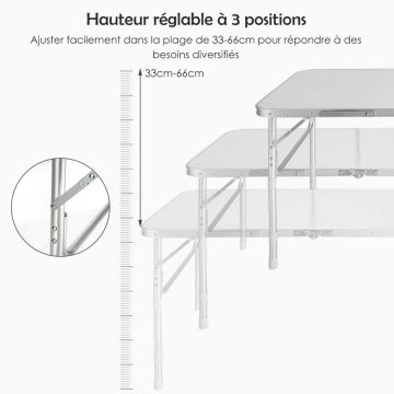 Set of 2 camping tables, 122 × 61 × 33–66 cm