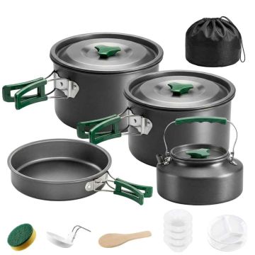 Camping kitchenware set, 10 pieces, for 4-5 people, Grey/green, Ø20.5 × 15.5 cm