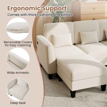 U formos sekcijinė sofa su dviem pufais, 280 cm, šenilinis audinys, USB ir C tipo įkrovimo prievadai