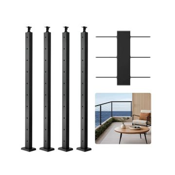 4 juodų nerūdijančio plieno trosinių turėklų stulpai, 36x2x2 colių