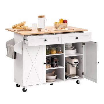 Mobilus virtuvės vežimėlis su medžio masyvo stalviršiu ir spintele, 132 cm, baltas