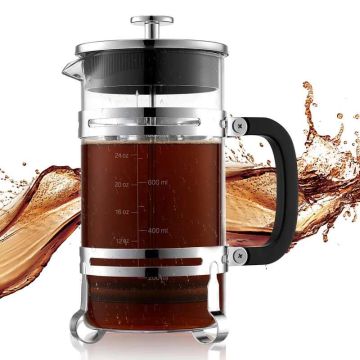 Prancūziškas borosilikatinio stiklo 1 L kavos presas su nerūdijančio plieno filtru, sidabrinis