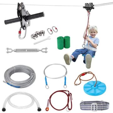 Zipline rinkinys vaikams ir suaugusiesiems, 60 pėdų, nerūdijantis plienas, spyruoklinis stabdys, saugos diržai