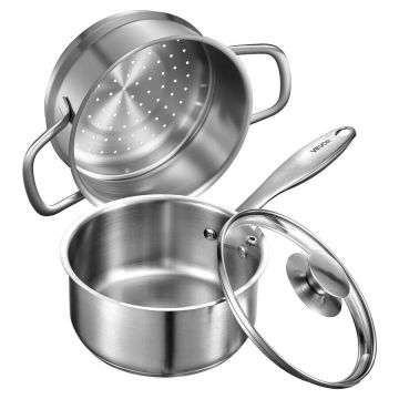Кастрюля из нержавеющей стали объемом 1,5 л с пароваркой и стеклянной крышкой.