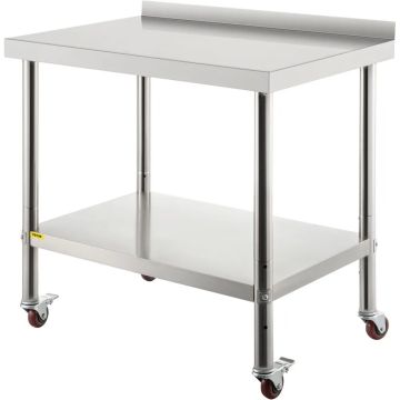 Nerūdijančio plieno darbastalis, 36x24x35 colių, 440 kg, su ratukais ir lentyna