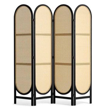 Medinė 4 panelių rotango pertvara, sulankstoma, ruda