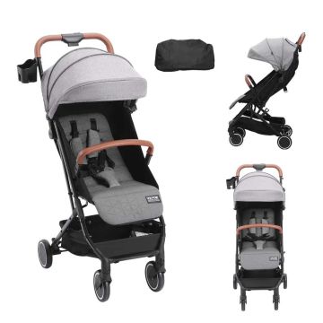 Стандартная детская коляска, темно-серого цвета, с регулируемой спинкой и подножкой.