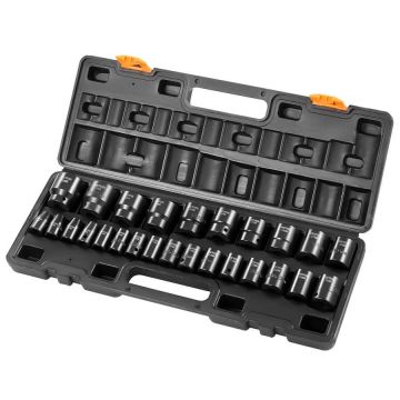 Smūginių galvučių rinkinys 1/2", metrinis 10–36 mm, 26 dalių, CR-V, su dėže