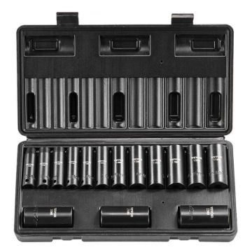 3/8" smūginių galvučių rinkinys, 15 dalių, 8–22 mm, 6 taškų, chromo-molibdeno plienas
