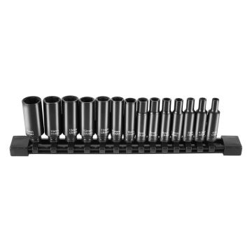 14 dalių 1/4" smūginių gilių metrinių galvučių rinkinys, 4–15 mm, 6 taškų, chromo-molibdeno plienas, automobilių remontui