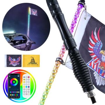 3 pėdų LED RGB švyturėlis su spyruokliniu pagrindu ir nuotolinio valdymo pultu, vandeniui atsparus, 360°, skirtas UTV, ATV, motociklams