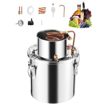 Alkoholio distiliavimo aparatas, 19 L, nerūdijantis plienas, varinė spirale, su termometru ir pompa