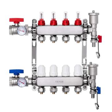 4 šakų nerūdijančio plieno PEX šildymo kolektorius, 1/2" adapteriai