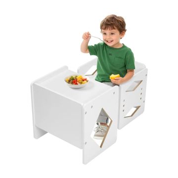 Montessori medinis nujunkymo stalo ir kėdžių komplektas, baltas, reguliuojamo aukščio, 1–5 m. vaikams