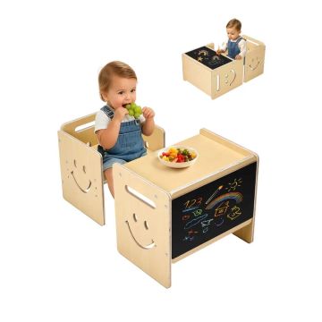Medinis montessori stalo ir kėdžių komplektas su kreidine lenta, 1–5 m. vaikams