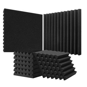 Akustinės putplasčio plokštės, 36 vnt., 12x12x2 colių, juodos, ugniai atsparios