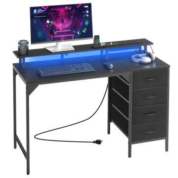 120 cm kompiuterio žaidimų stalas su LED lemputėmis ir maitinimu, juodas