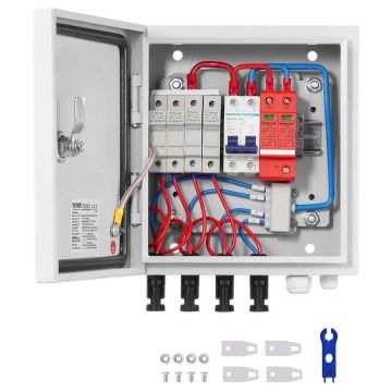 PV jungimo dėžutė 4 stygų, plieninis korpusas, IP65, su 15A saugikliu ir 63A automatiniu jungikliu