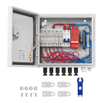 PV jungimo dėžutė su 6 gijomis, 10A saugikliu, 63A automatiniu jungikliu, IP65, plieninis korpusas