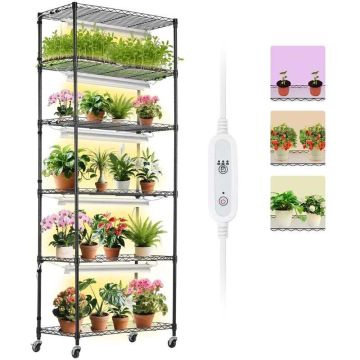 Augalų stovas su 6 pakopų lentyna ir 150W LED auginimo lempa, 3 režimai, laikmatis, ratukai, 70,9 col. aukštis