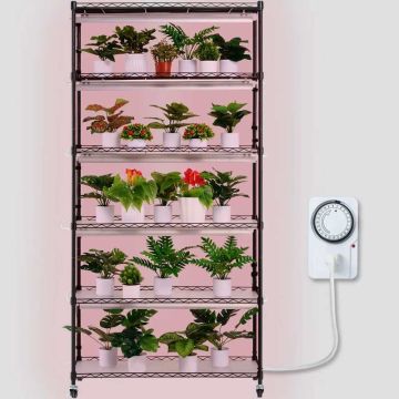 Augalų auginimo stovas su 6 lentynomis, 150W lempa, metalinis, 89x31x180 cm