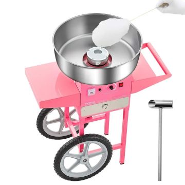 Elektrinis cukraus vatos aparatas, 1000 W, 52 cm nerūdijančio plieno dubuo, su vežimėliu, rožinis