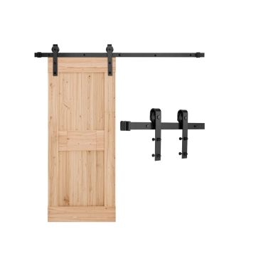 5FT juodas stumdomų tvarto durų furnitūros komplektas, keliamoji galia 330 svarų, suderinamas su 30" pločiu, 1-3/8–1-3/4" storio durims
