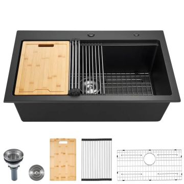 84 cm juoda granito virtuvės kriauklė vienu dubeniu farmhouse stiliaus
