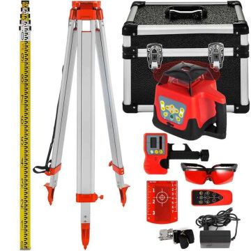 Rotacinis lazerinis nivelyras 360° raudonas, automatinis, 500 m su trikoju ir matavimo lazda