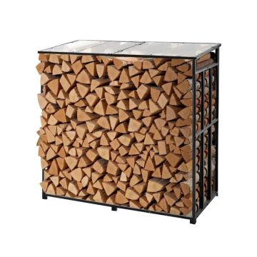 Milteliniu būdu dažytas metalinis malkų stovas su nuožulniu stogu, 143 cm, 299 kg keliamoji galia