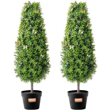 Dirbtinė buksmedžio eglė 91 cm su vazonu ir dekoracija (2 vnt.)