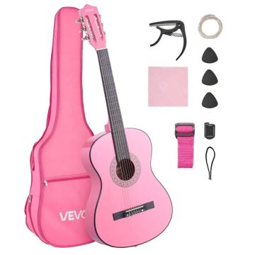 Klasikinė medinė gitara 960 mm rožinė su priedais pradedantiesiems