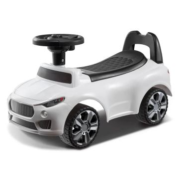 Baltas važiuojamas stumiamas lenktyninis automobilis vaikams 1-3 metų, su muzikiniu vairu ir daiktadėže