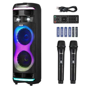 Nešiojamas karaoke aparatas, 80 W, 8" bluetooth garsiakalbis su 2 belaidžiais mikrofonais