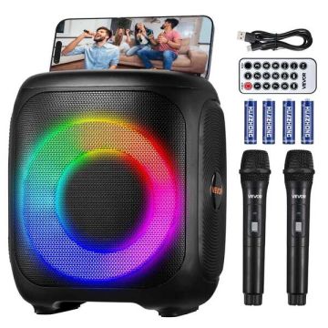 Nešiojamas bluetooth karaoke aparatas su 2 mikrofonais, 15 W, 4 colių