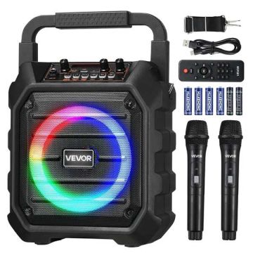 Nešiojamas bluetooth karaoke aparatas su 2 mikrofonais, 20 W, 6,5 colių, LED šviesa, USB, AUX