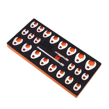 3/8" cr-mo plieninių raktų rinkinys su „crows foot“ galvutėmis, 24 dalių, SAE ir metrinių