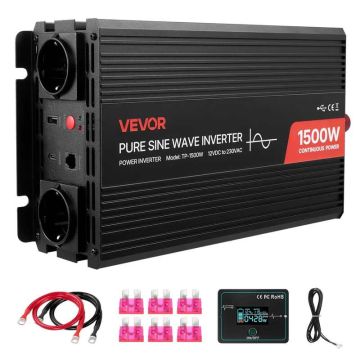 1500 W sinusinis keitiklis 12 V į 230 V su USB ir nuotoliniu valdymu