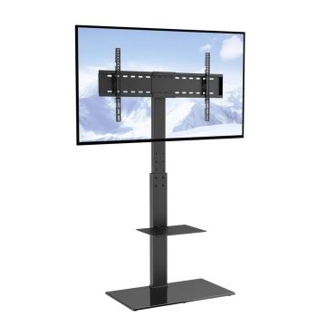 Pasukamas televizoriaus stovas 32–85", reguliuojamas aukštis, grūdinto stiklo pagrindas