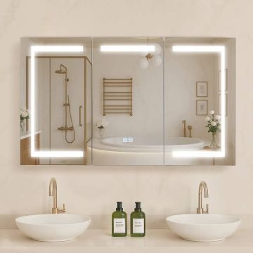 Подсвечиваемый шкафчик для ванной комнаты с зеркалом, 100x60 см, светодиодная подсветка, USB.