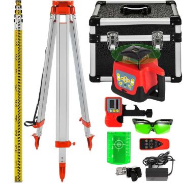 Žalias rotacinis lazerinis nivelyras su trikoju ir 5 m lazda, 500 m nuotolis