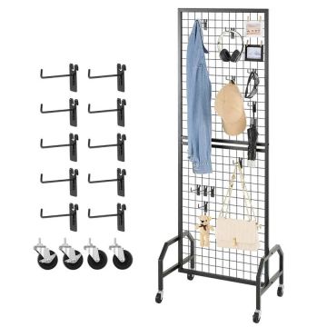 Juoda vielinio plieno tinklelio sienelė 600x1640 mm su ratukais ir 10 kabliukų