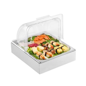 Поднос для подачи блюд из нержавеющей стали с крышкой и лотком для кубиков льда.
