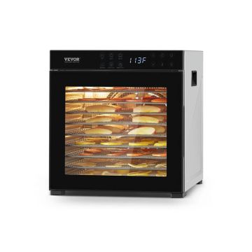 Elektrinė maisto džiovyklė, 10 nerūdijančio plieno padėklų, 1000 W, reguliuojama temperatūra, 24 val. laikmatis