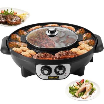 2 viename elektrinis grilis ir karštas puodas, 2200 W, daugiafunkcis teppanyaki su dviguba temperatūros kontrole